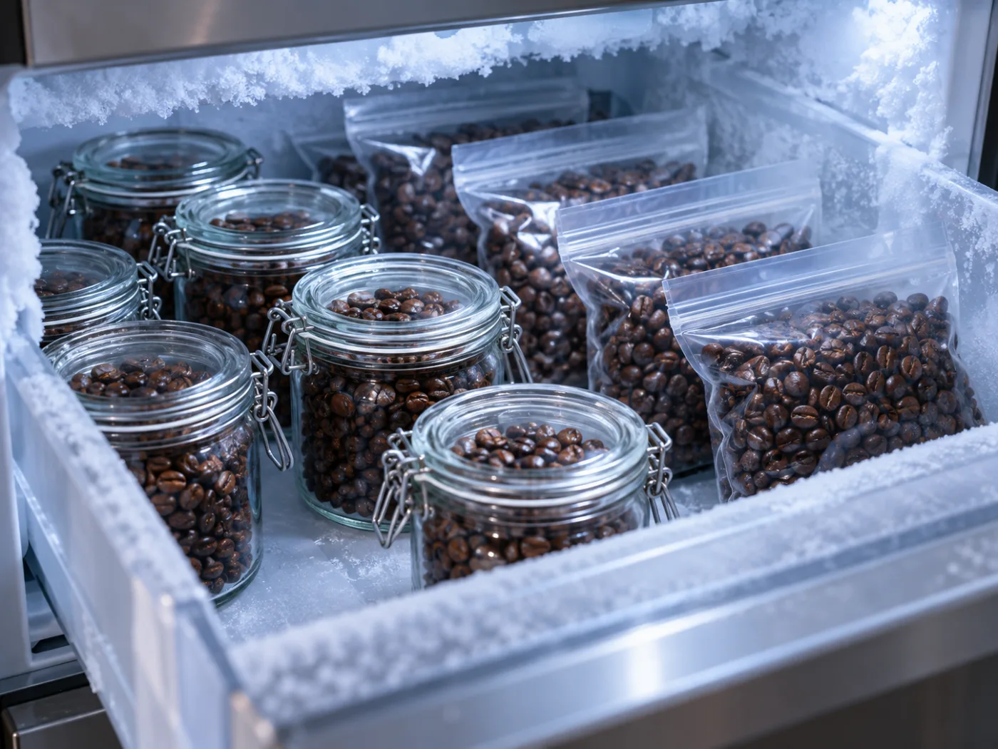 حبوب قهوة مقسمة إلى حصص صغيرة في مرطبانات محكمة وأكياس مغلقة داخل درج مجمّد مفتوح