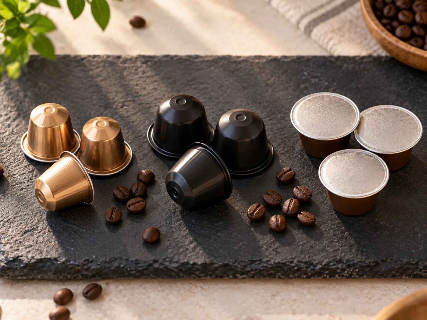 קפסולות קפה ממוינות ל-3 קבוצות לפי שיטה: Nespresso, A Modo Mio ו-Dolce Gusto